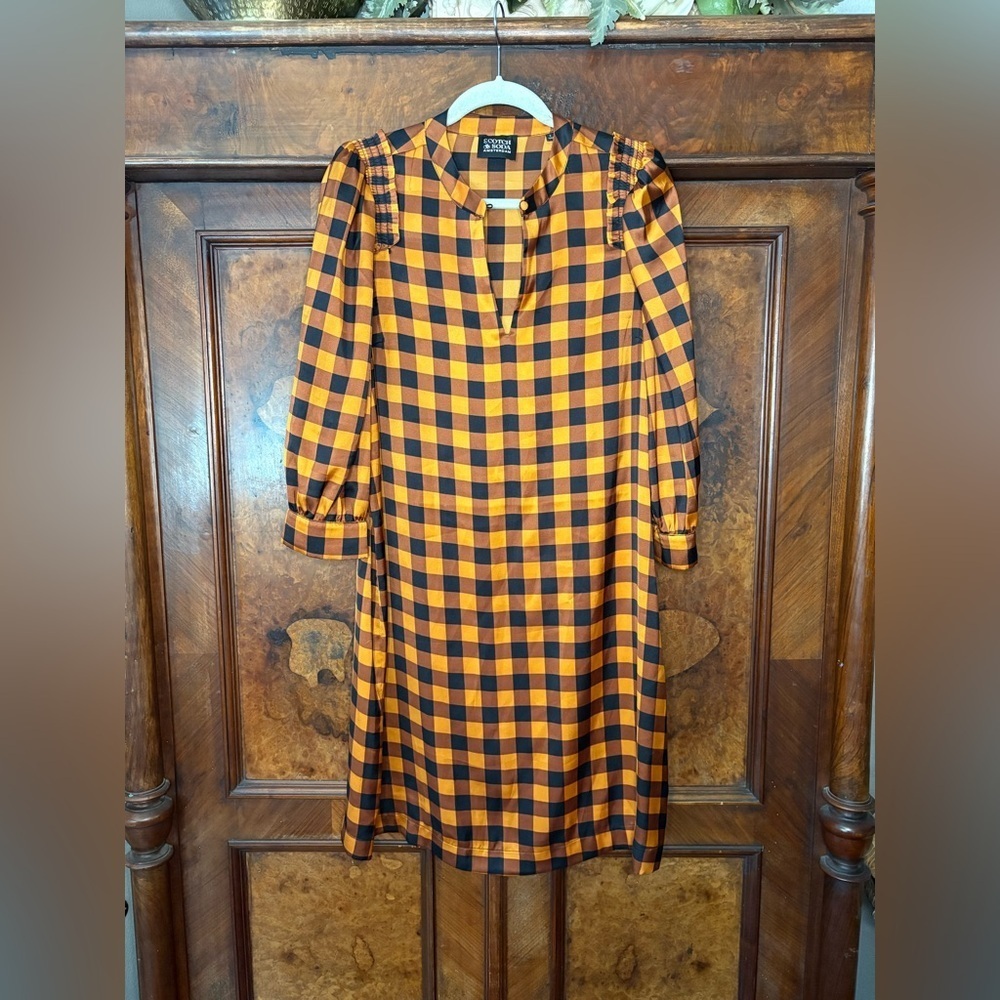 EUC Scotch & Soda- Acapulco Dress. Size L Orange and Black Checkered Dress